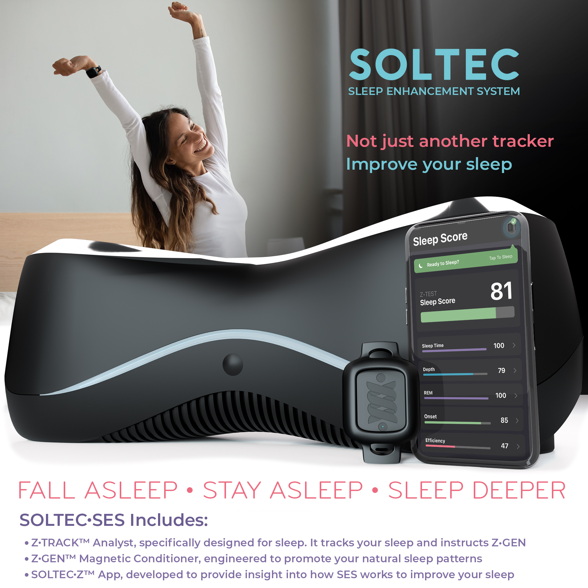 SOLTEC SES image explains that SES is not just a tracker but includes Z TRACK and Z GEN to provide sleep therapy