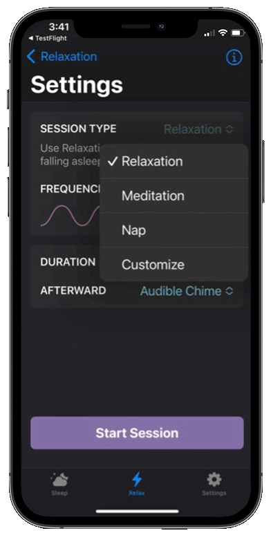 start-relaxation-session-phone-screen-01 Start a Relaxation session on Soltec Z app